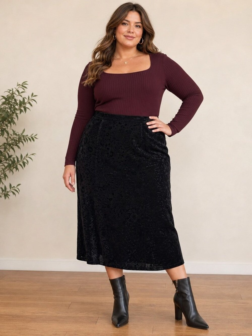 Vintage Maggie Lawrence Black Velvet Burnout Midi Skirt Made in USA Sz 18/20